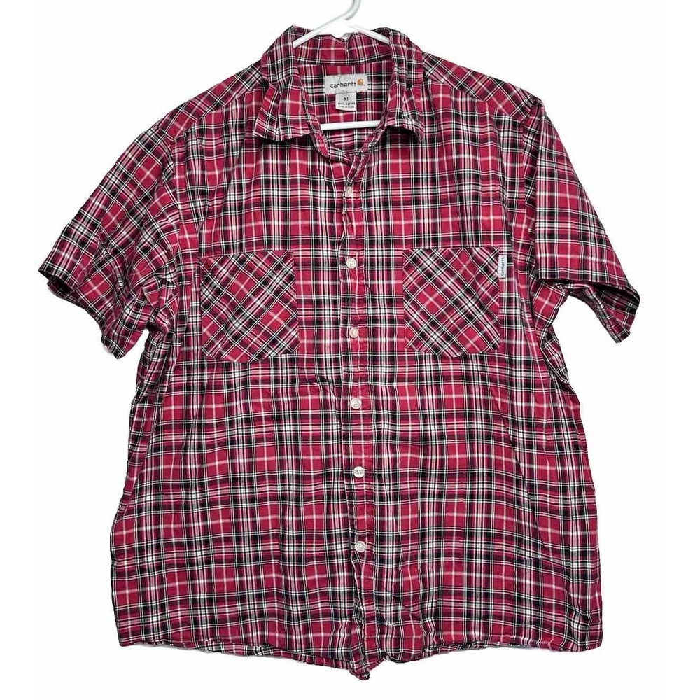 Carhartt Men Size XL Red Plaid Short Sleeve Button Front 100% Cotton Shirt